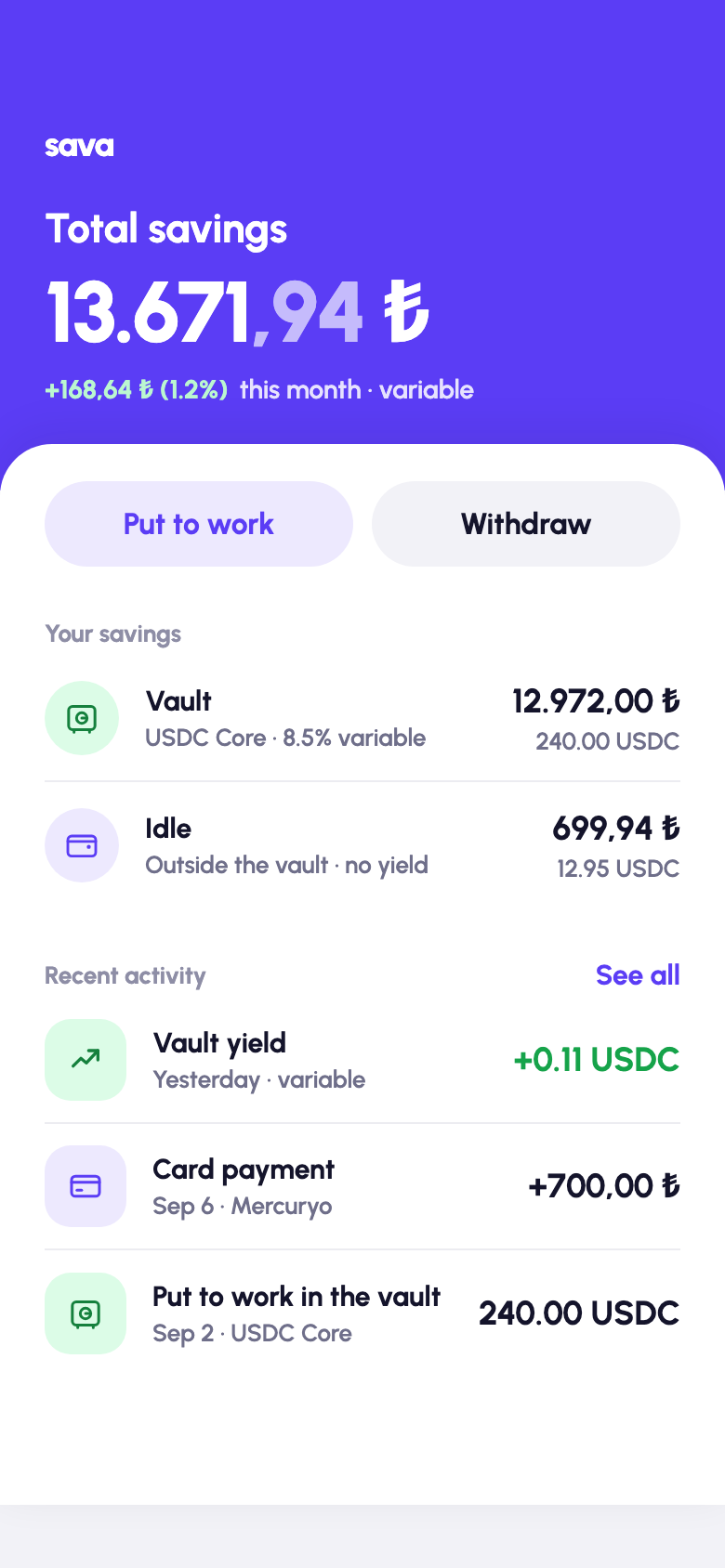 Sava home screen: total savings 13.671,94 ₺, vault and idle balances, recent activity